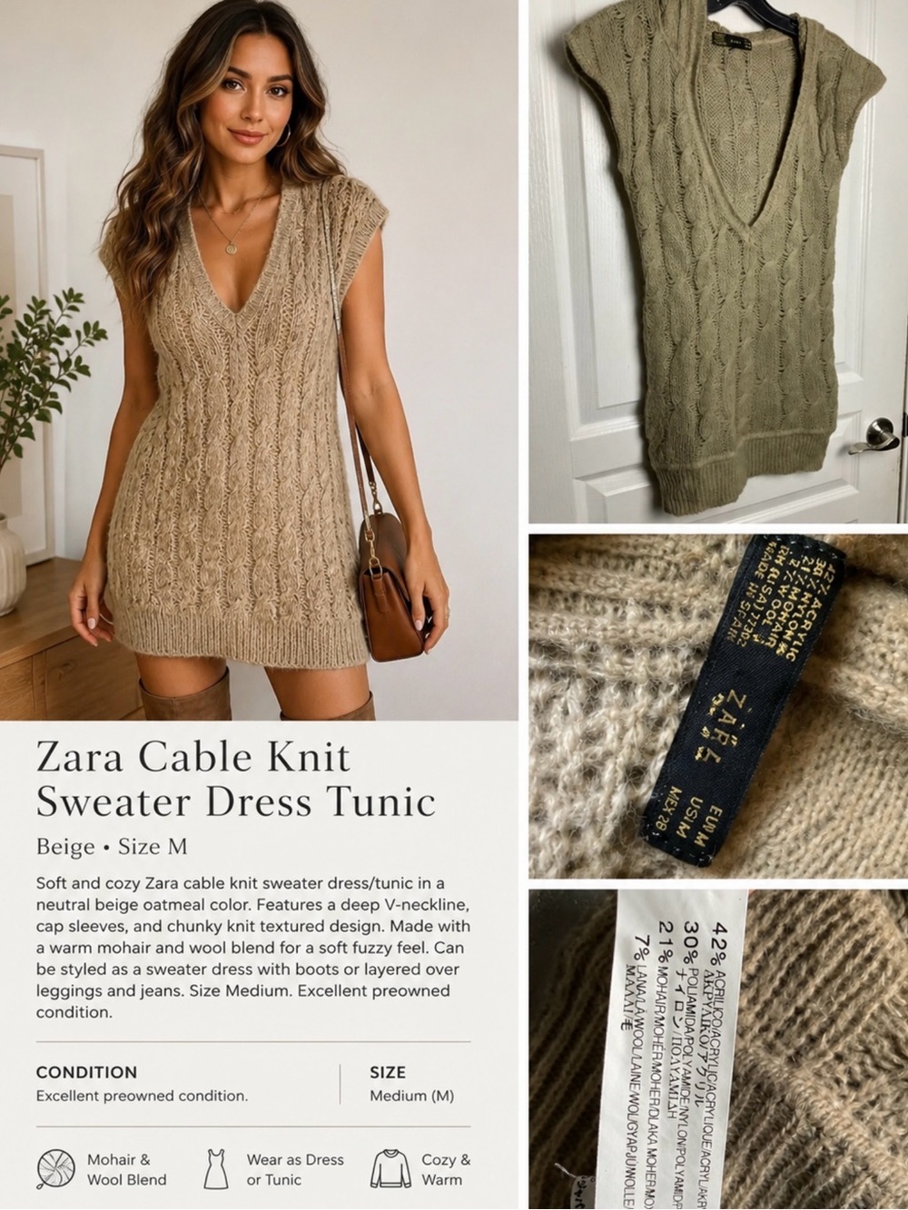 Zara Cable Knit Sweater Dress Tunic Beige Mohair Blend Size M